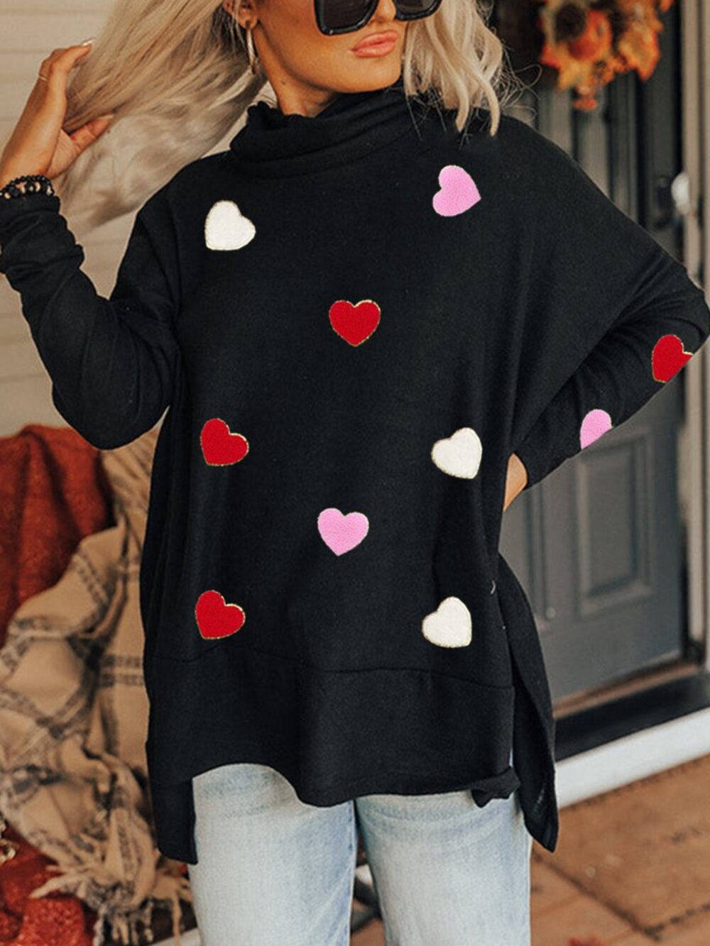 Chenille Slouchy Baggy Dolman Hearts Patchwork Cowl Neck Drapery Jersey Top